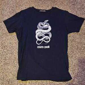 Roberto Cavalli Dark Blue Tee with Snake Motif